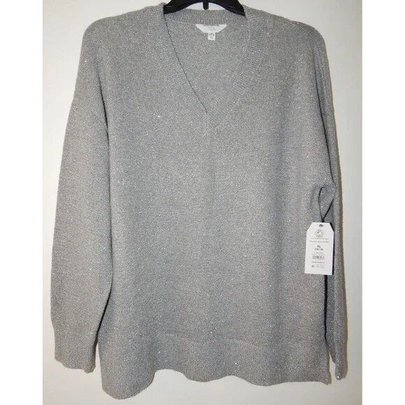 Women's Time And Tru V Neck Sequin Sweater GRAY Pullover Size XL (16-18) NWT - Picture 1 of 16